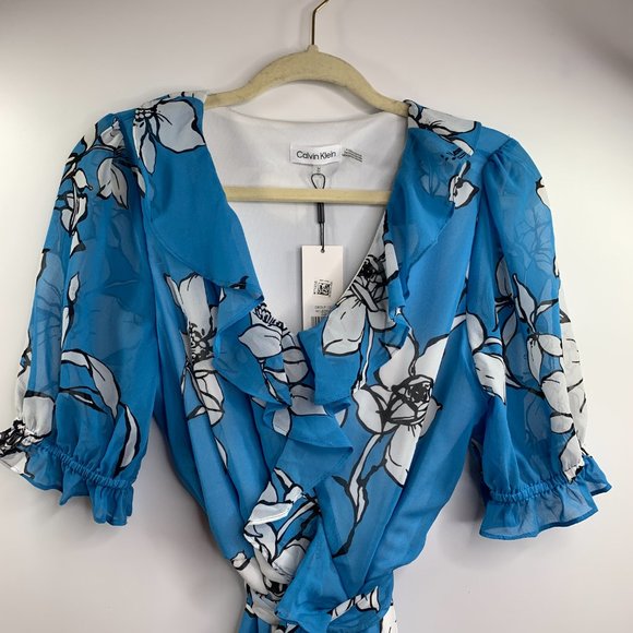 Calvin Klein Womens Floral Printed Chiffon Faux Wrap Dress Blue Size M NWT - Picture 4 of 13